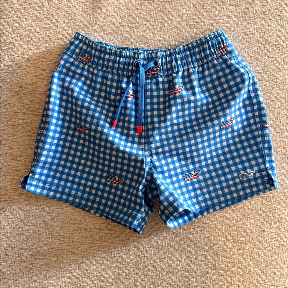 Vineyard Vines Blue Gingham Swim Trunks with Whale Embroidery